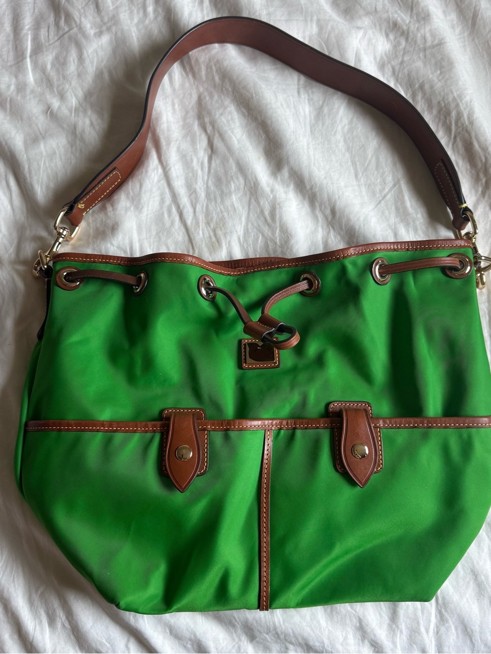 Dooney & Bourke Green Shoulder Bag with Brown Leather Trim